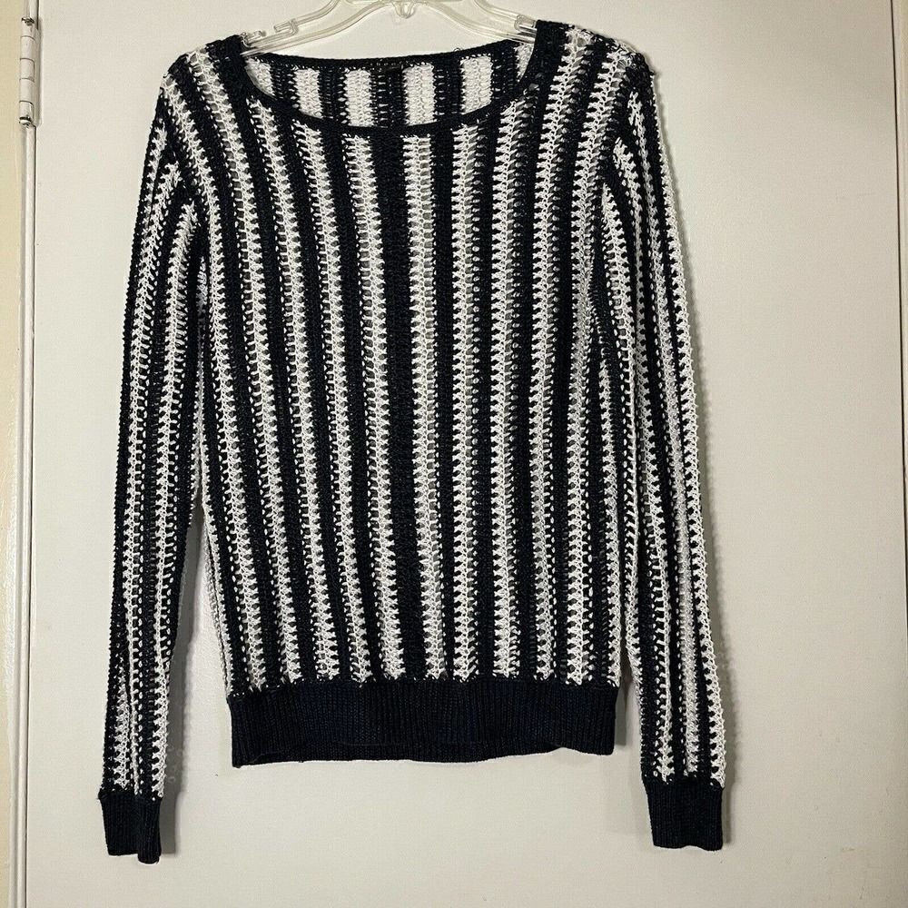 THEORY navy white crochet knit linen blend sweater size Small